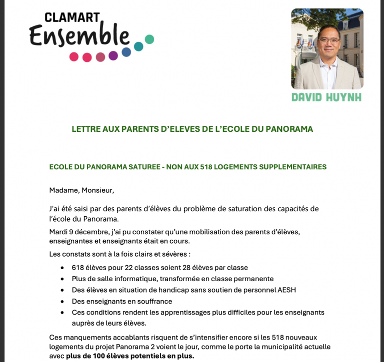 Lettre aux parents d&rsquo;élèves du Panorama