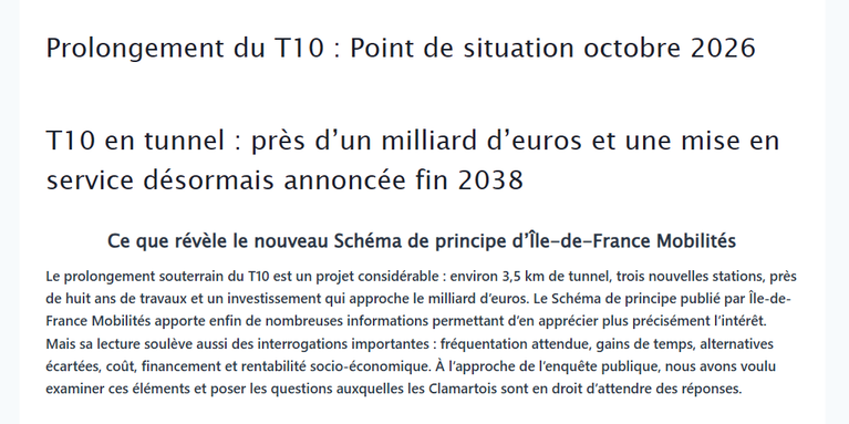 Prolongement du T10 : Point de situation octobre 2026