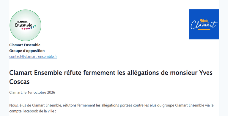 Clamart Ensemble réfute fermement les allégations de monsieur Yves Coscas